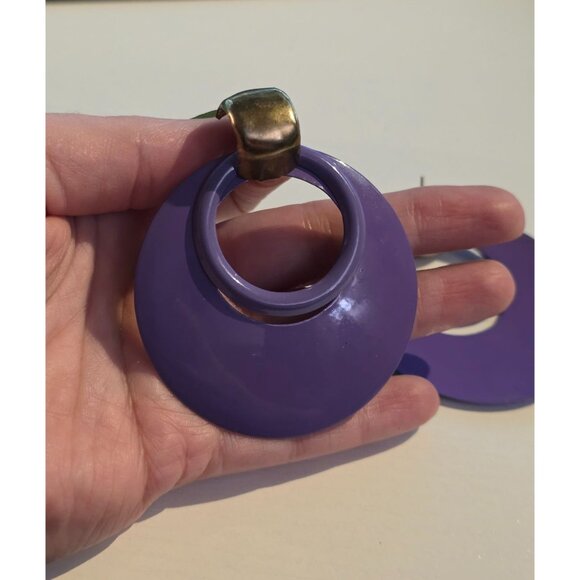 Vintage Purple Enamel Oversized Hoop Statement Earrings With Gold Tone Accent - Picture 3 of 5